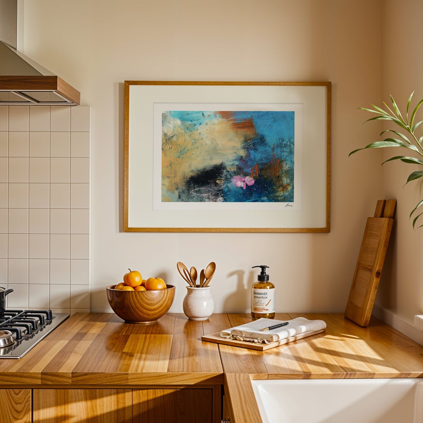 Kitchen with wooden countertop, stove, and abstract art on the wall.