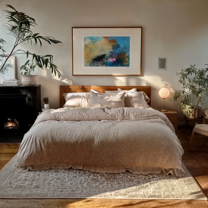 Cozy bedroom with a bed, artwork, and plants
