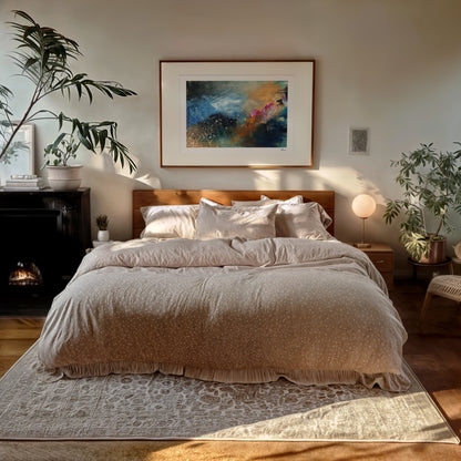 Cozy bedroom with a bed, artwork on the wall, and decorative plants.