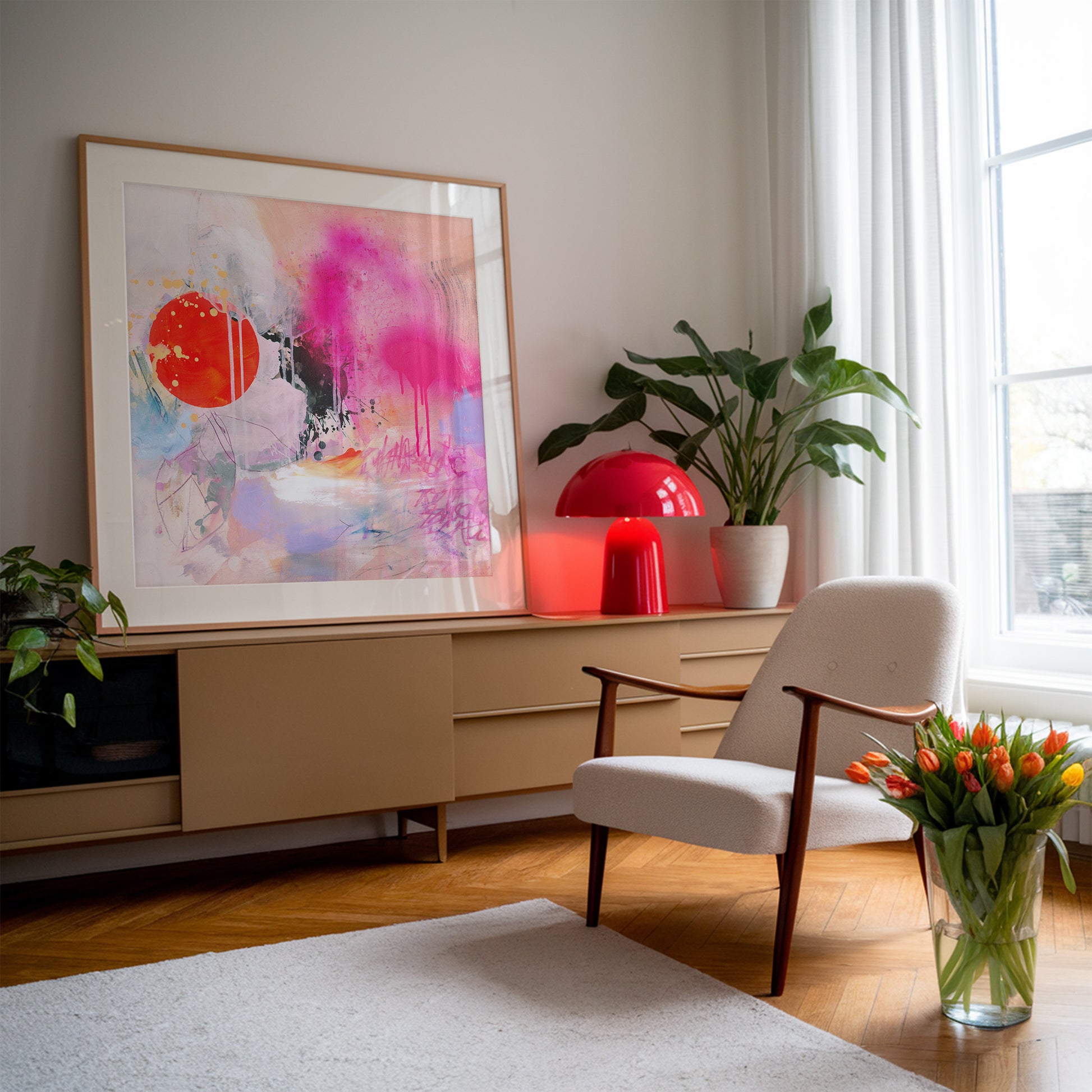 Large framed abstract art print in a retro style livingroom 