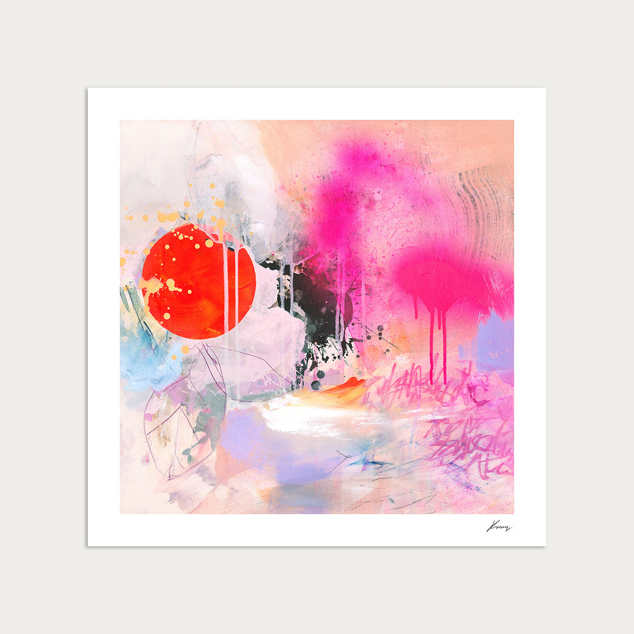 Abstract artwork with a red circle and pink brush strokes on a white background