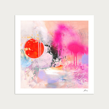 Abstract artwork with a red circle and pink brush strokes on a white background