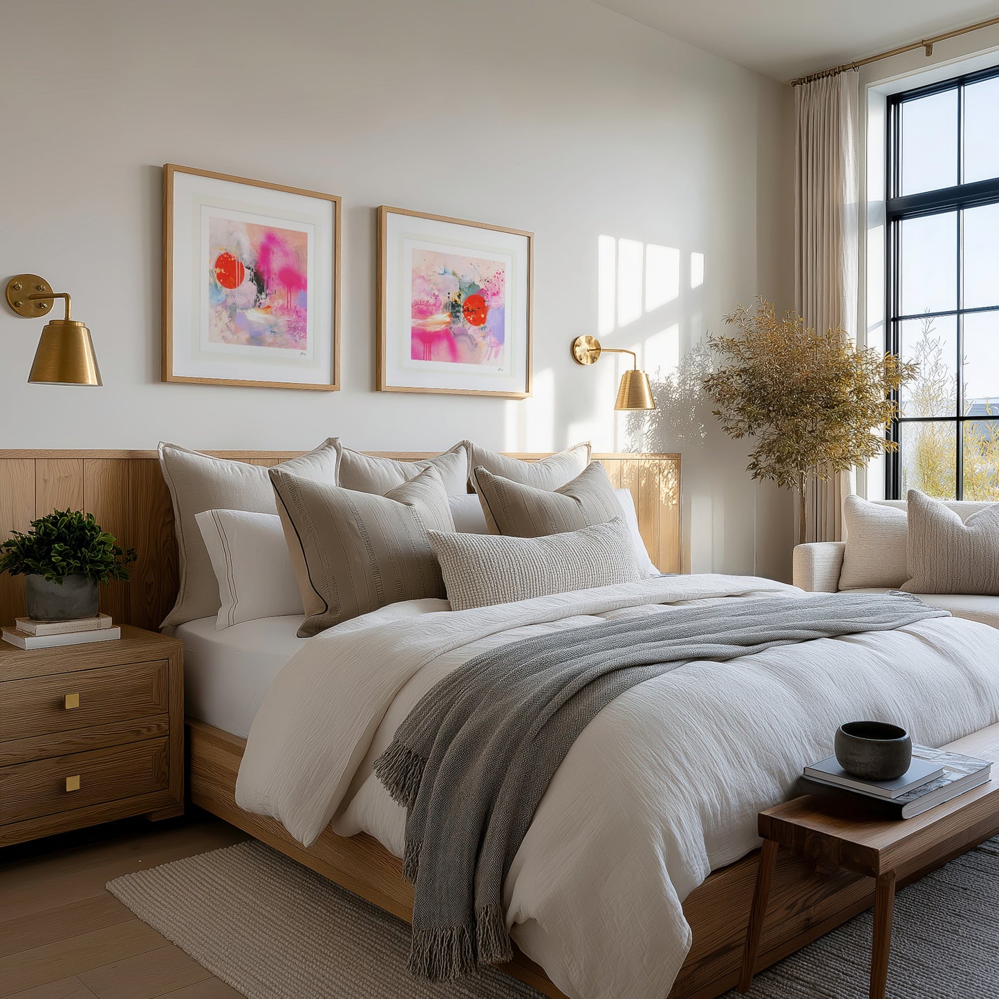 Neatly made bed in a bedroom with decorative elements and natural light.