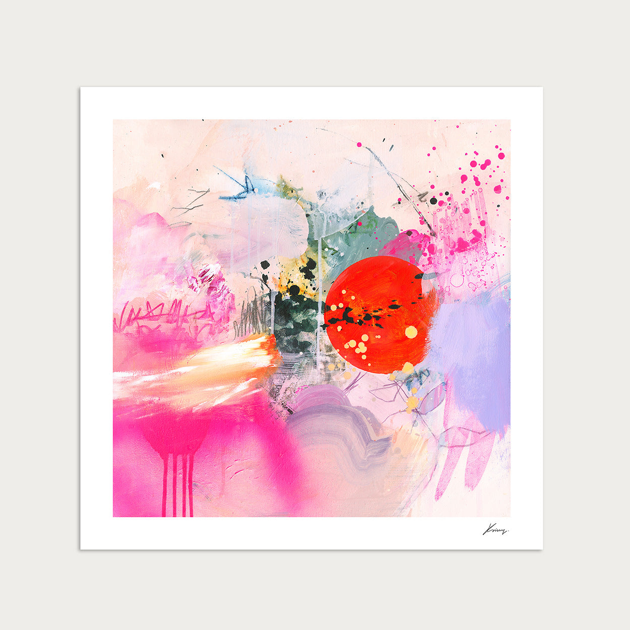 Abstract art print with vibrant colors on a white background