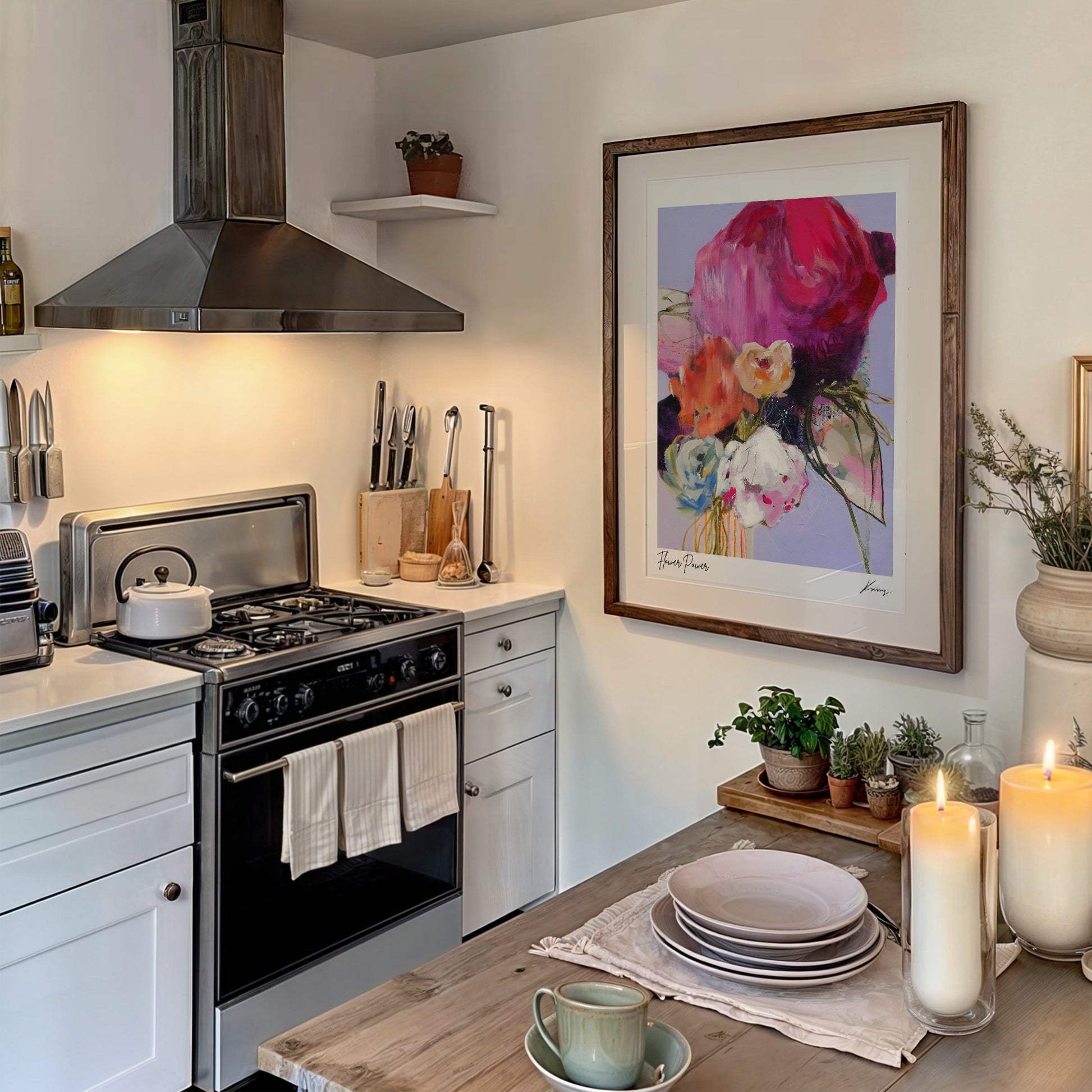 Kitchen interior with stove, utensils, and decorative elements.