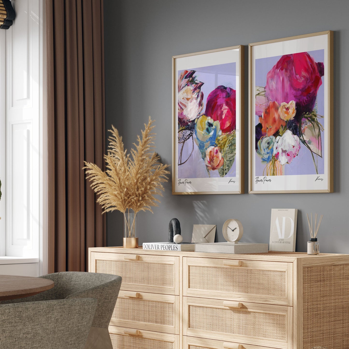 Dining room with a beige cabinet, floral artwork, and decorative items.