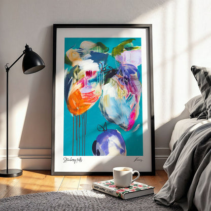 Colorful abstract painting in a modern bedroom setting with a bed and lamp.