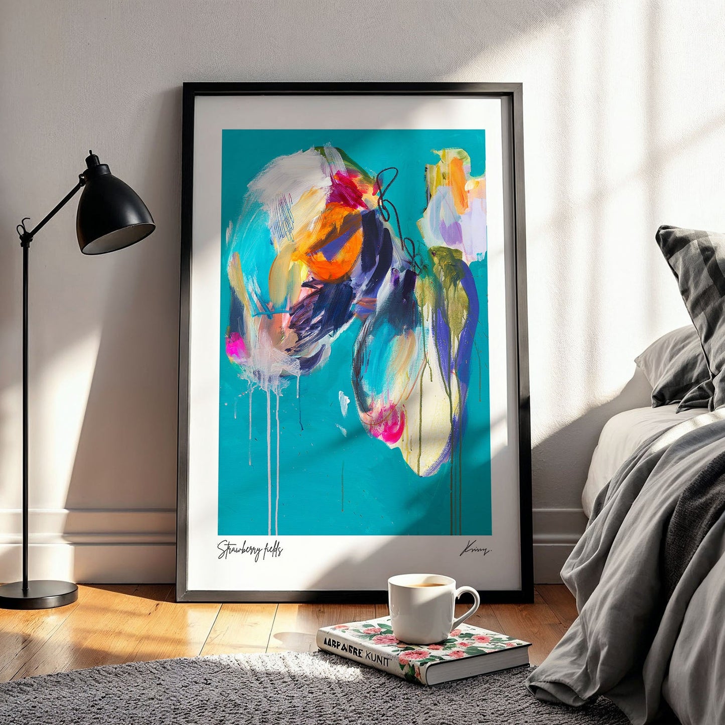 Colorful abstract painting in a modern bedroom setting with a lamp and bed.