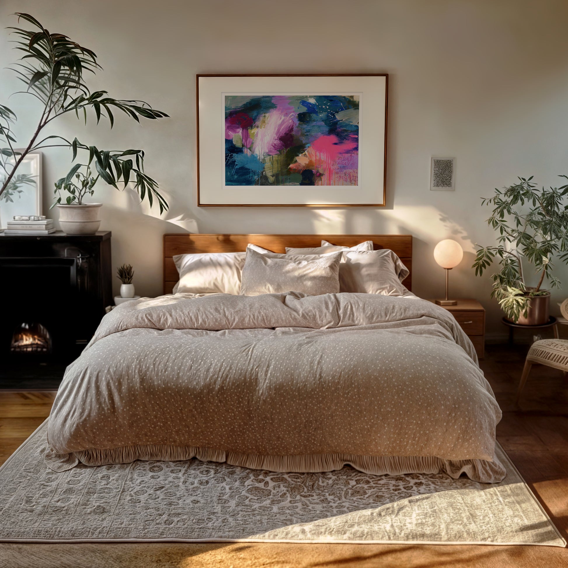 Cozy bedroom with a bed, artwork on the wall, and decorative plants.