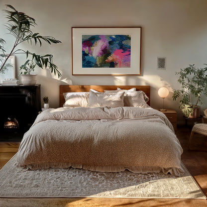 Cozy bedroom with a bed, artwork on the wall, and decorative plants.