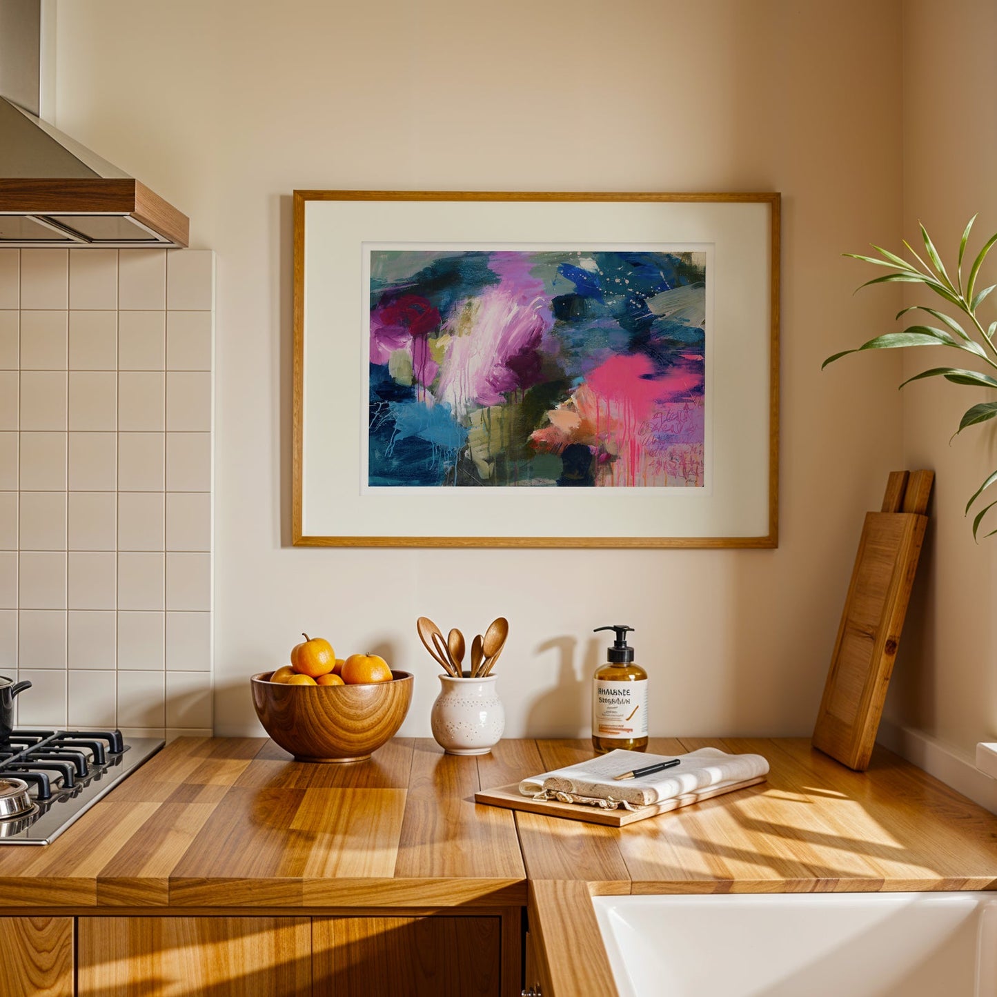 Kitchen with wooden countertop, colorful abstract painting, and plants.