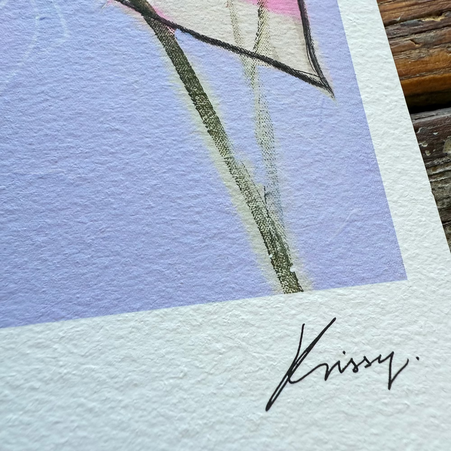 Artistic depiction of a flower with a signature at the bottom right corner on textured paper.