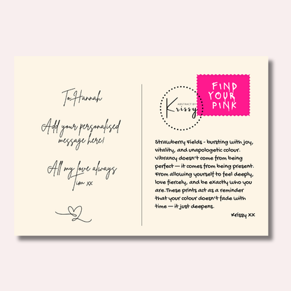 Personalized card with handwritten text and a message from 'Krisissy' on a light pink background.