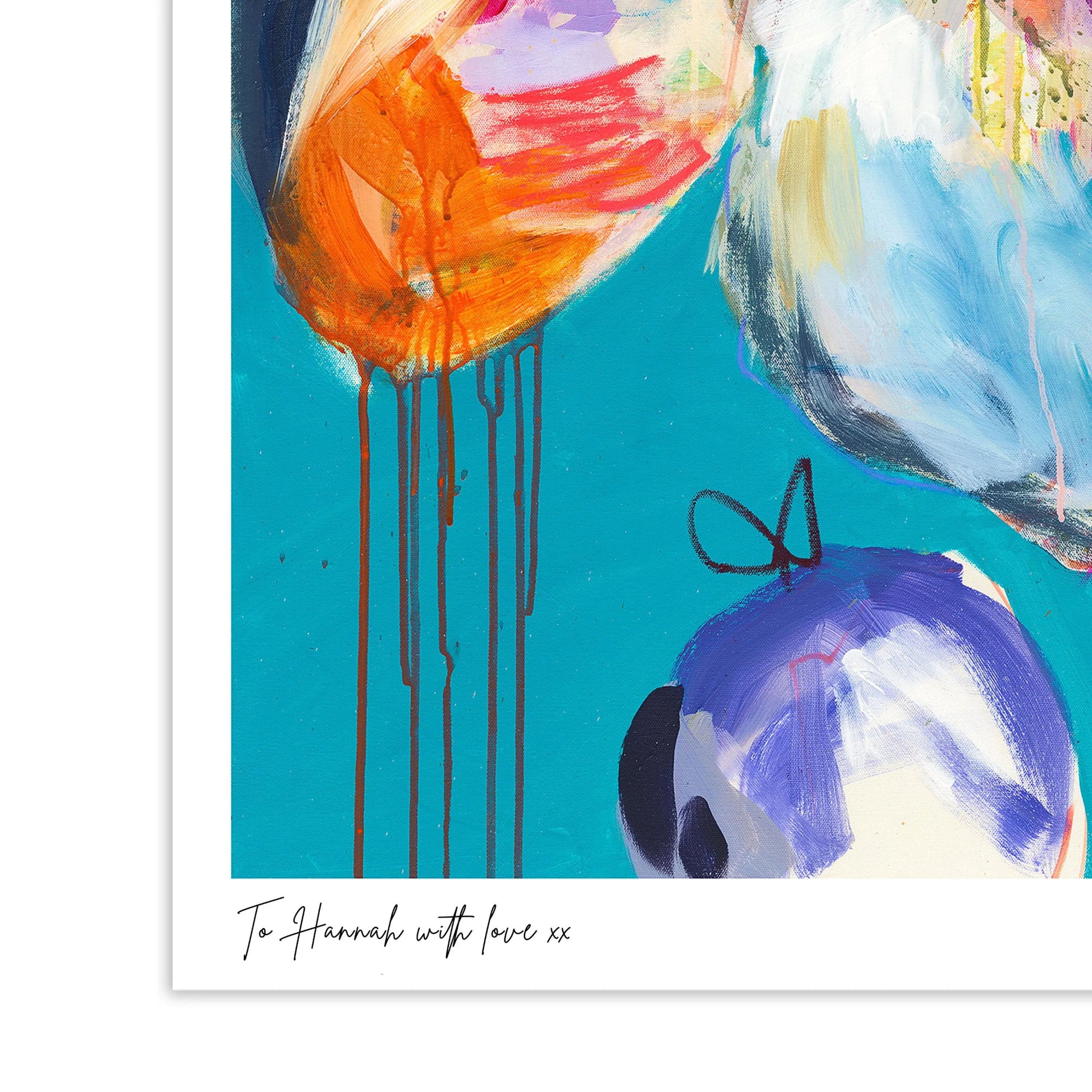 Abstract art print with colorful shapes and a butterfly on a teal background