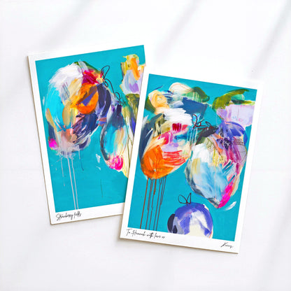 Two colorful abstract art prints on a white background