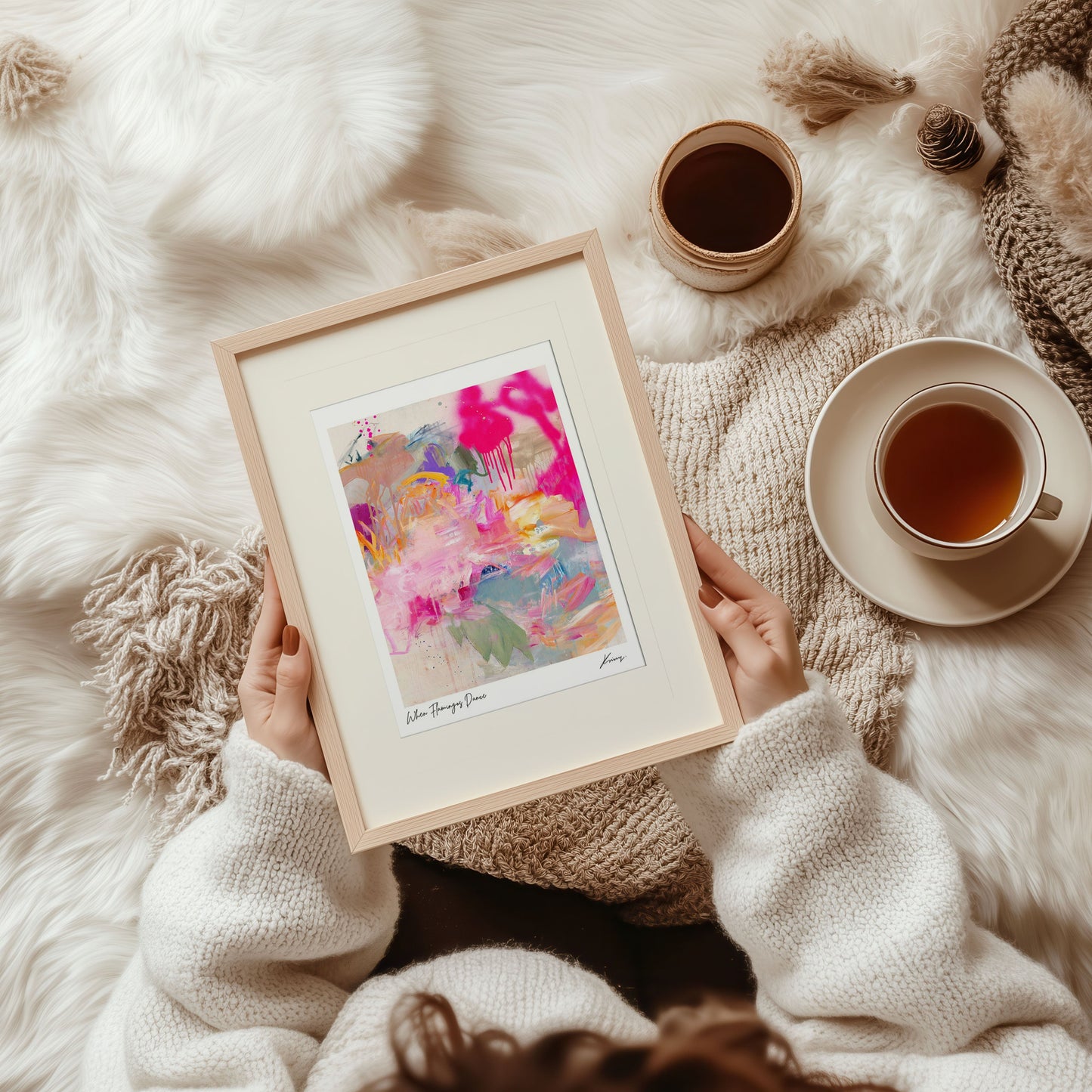 Person holding a framed abstract art print on a soft, white surface with a cup of tea.