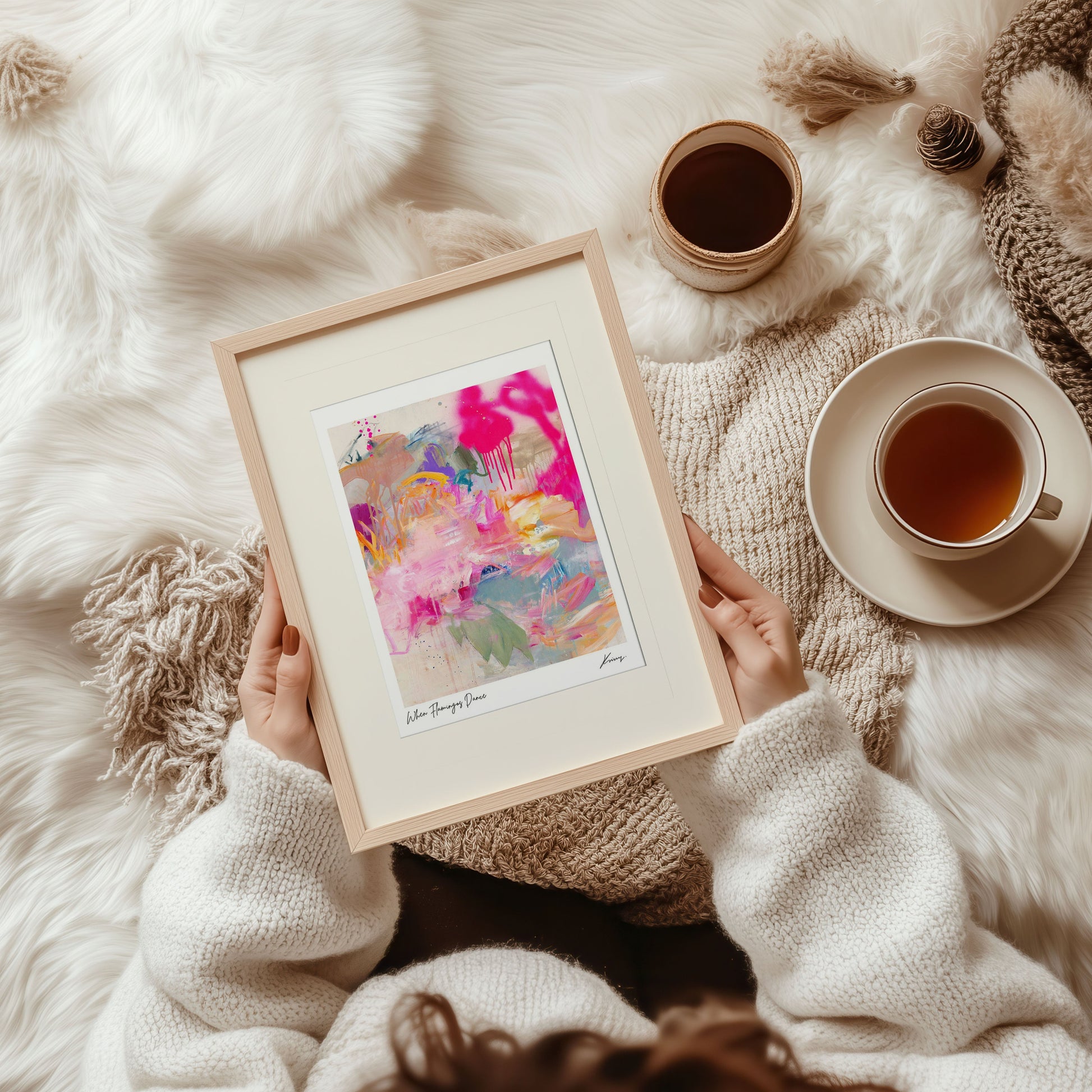 Person holding a framed abstract art print on a soft, white surface with a cup of tea.