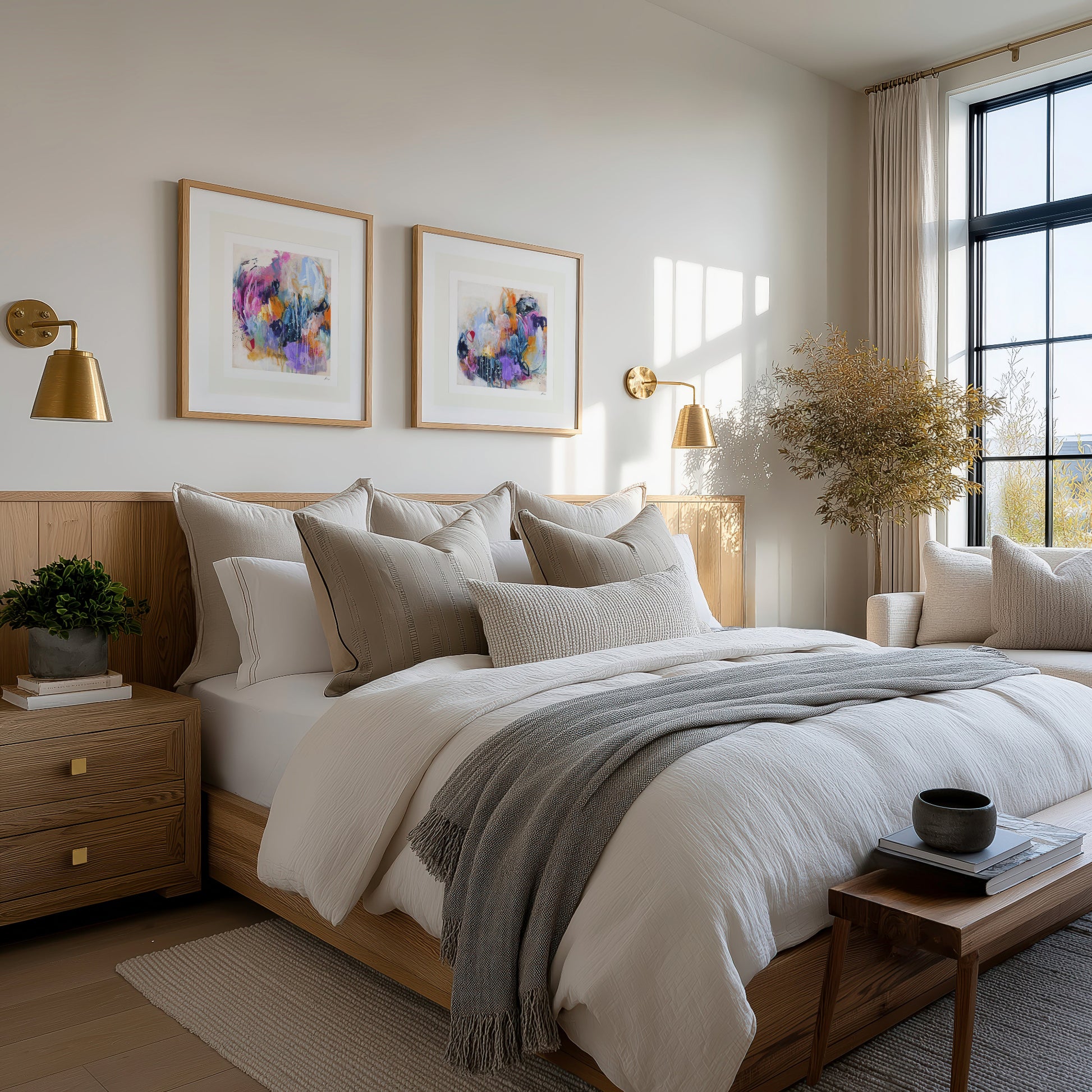 Neatly made bed in a bedroom with decorative elements.