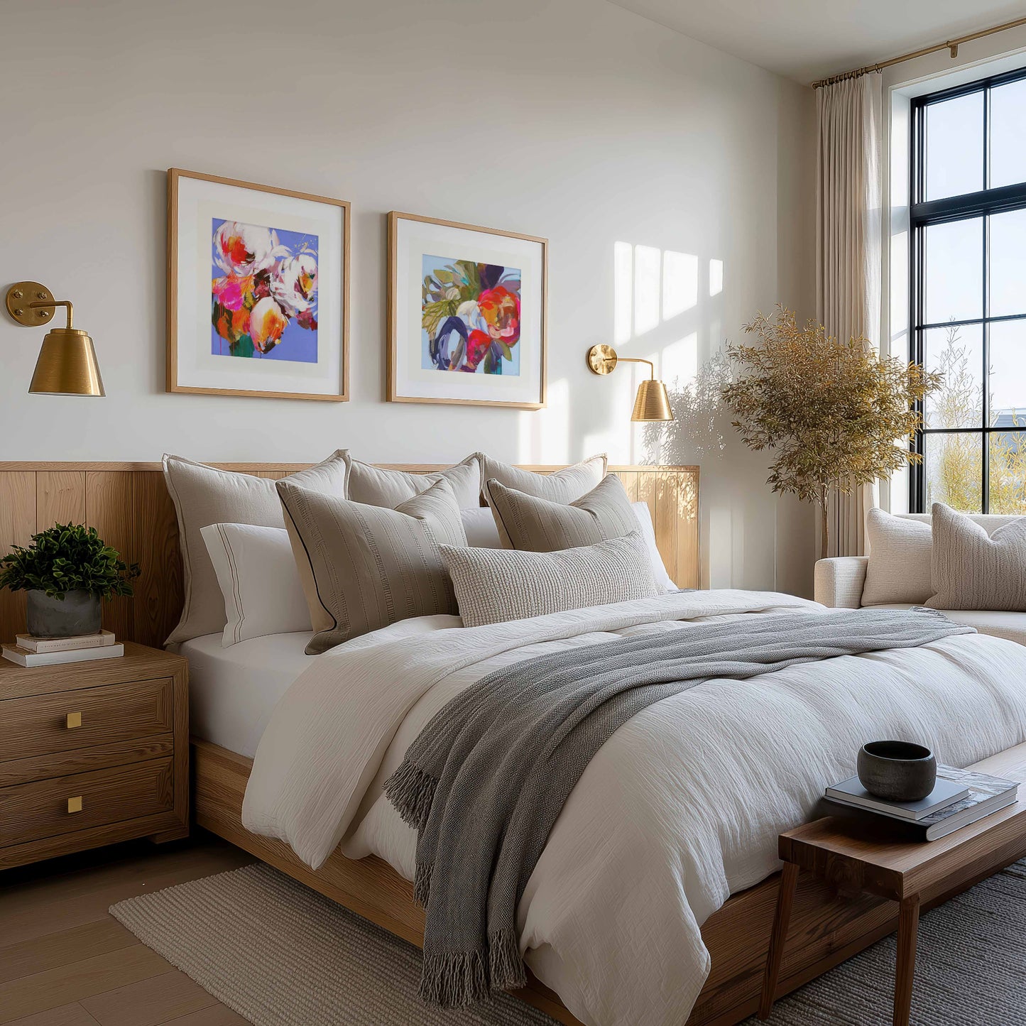 Neatly made bed in a bedroom with wooden furniture and wall art.