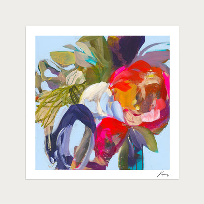 Abstract artwork with colorful flowers on a light blue background