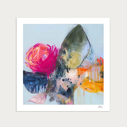 Abstract art print with colorful shapes on a light blue background