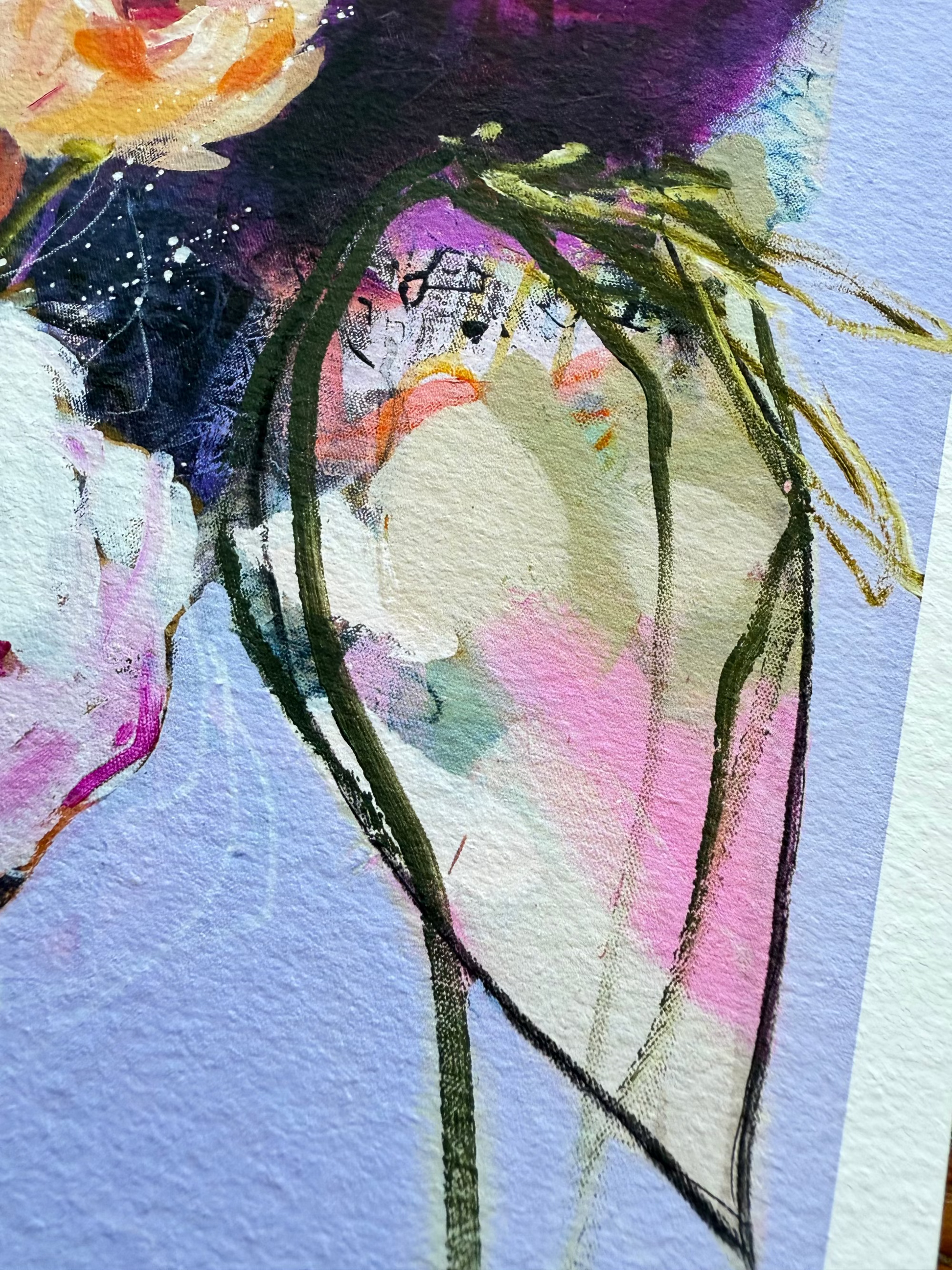 Artistic depiction of flowers with a textured blue background