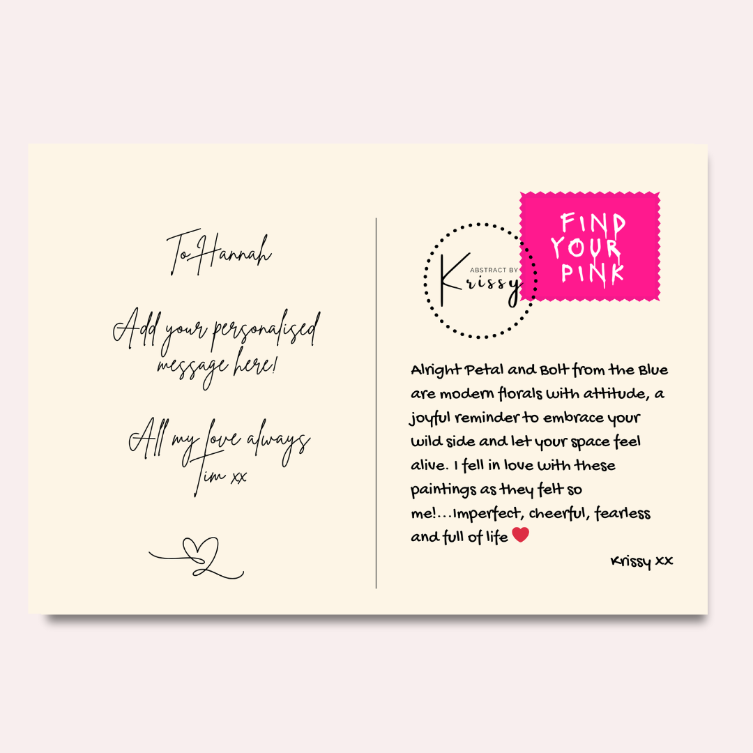 Personalized greeting card with handwritten text and branding on a light pink background