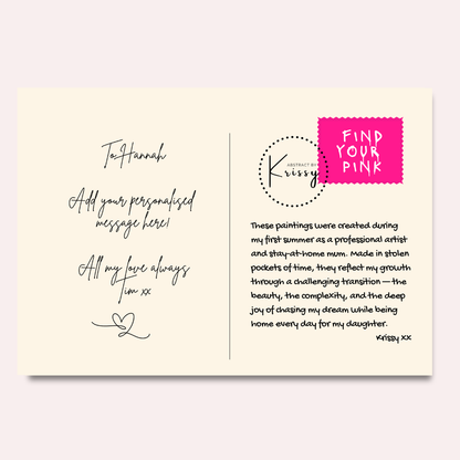 Personalized card with handwritten text and a pink 'Find Your Pink' logo on a light pink background.
