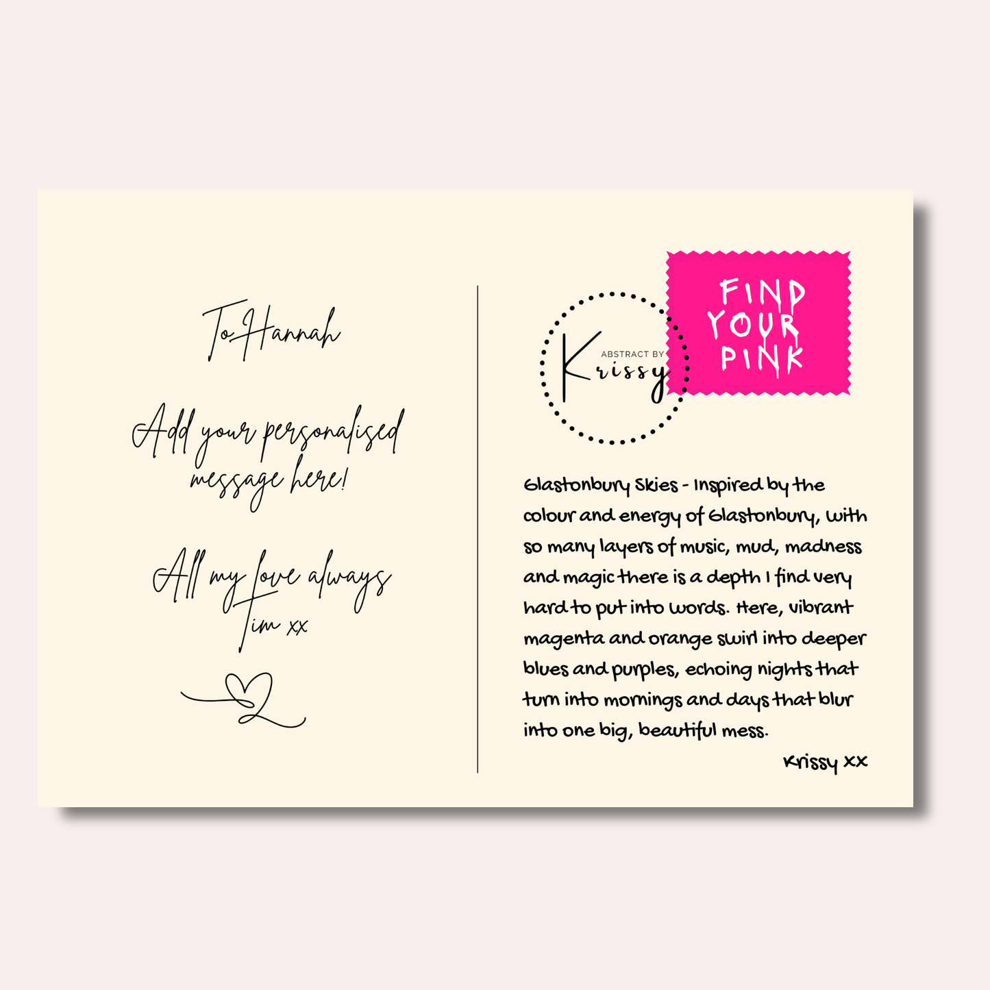 Personalized card with handwritten text and a pink 'Find Your Pink' tag on a light background