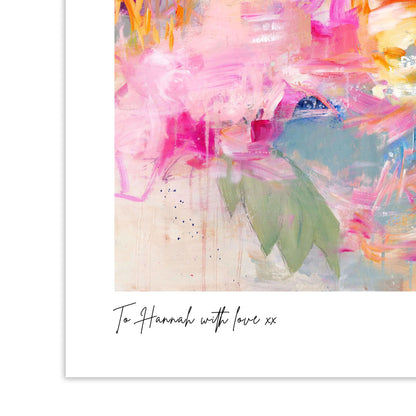 Colorful abstract painting with text 'To Hannah with love xx' on a white background