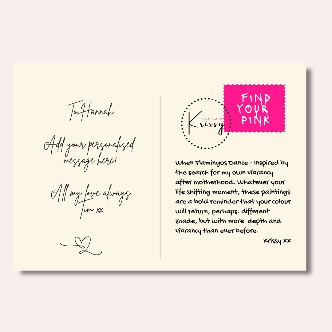 Greeting card with personalized message and branding on a light pink background