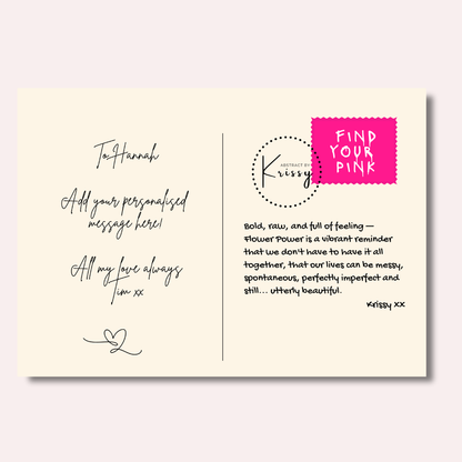 Greeting card with personalized message area and branding on a light pink background